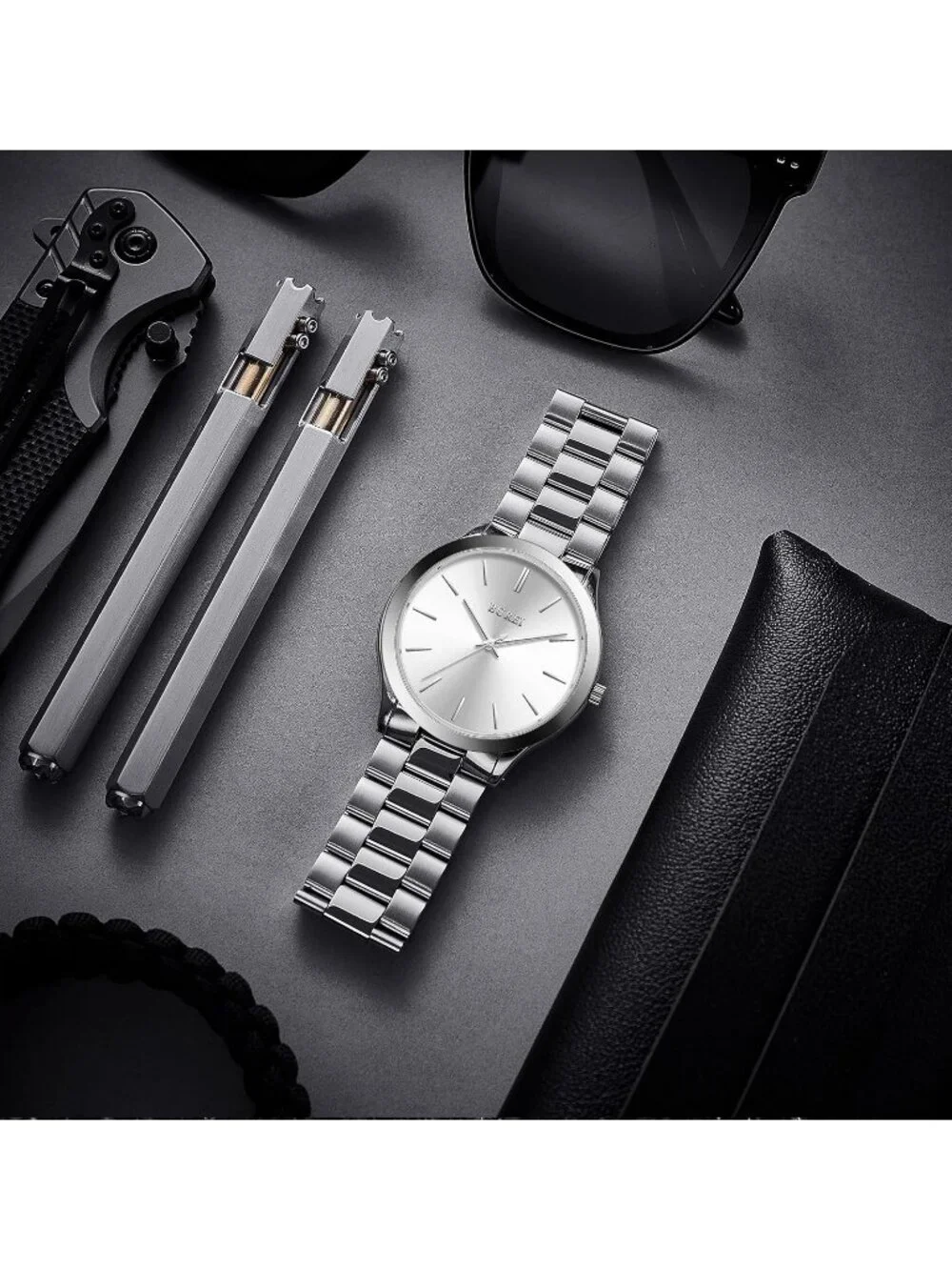Men's All Silver Analog Quartz Stainless Steel Waterproof Round Luxury Watch